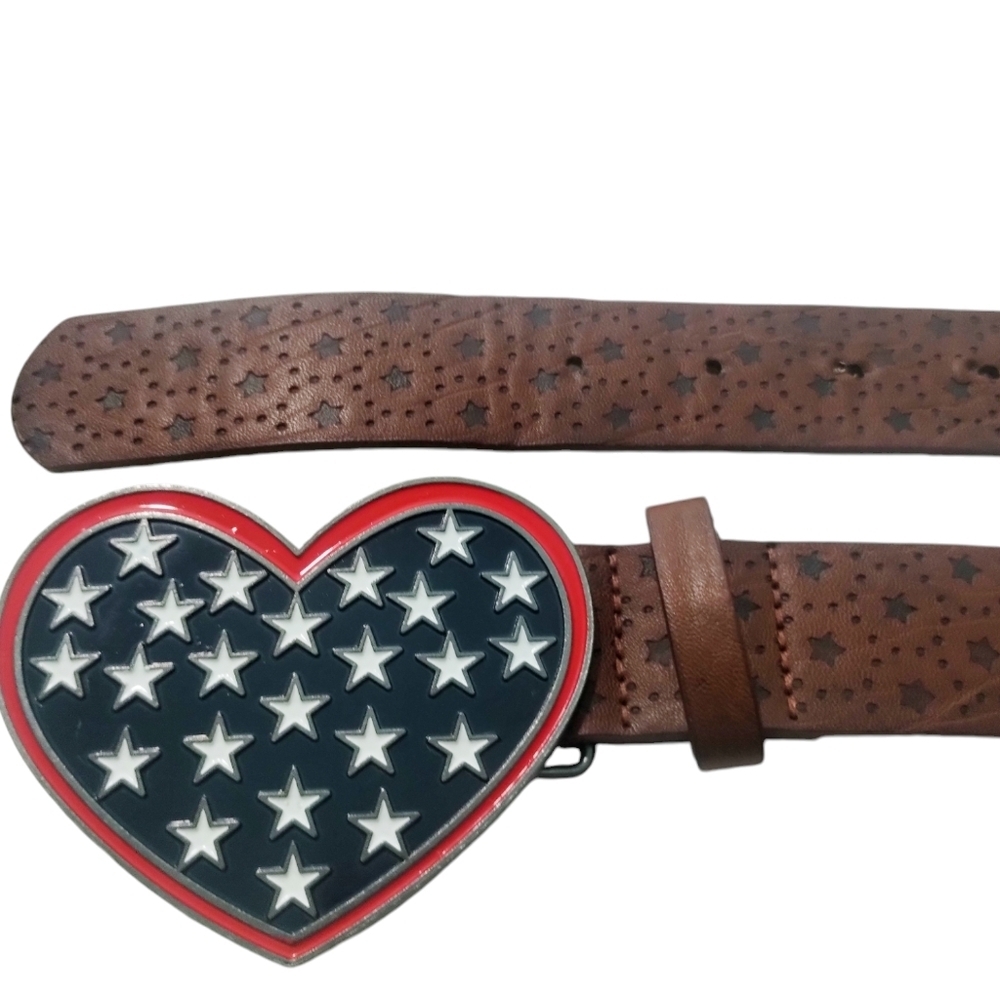 USA Flag Womens Faux Leather Belt Size 11 Patriotic Heart w/Stars Americana‎